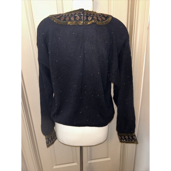 Vtg 80's Bonnie Boerer Women's M Black Beaded LS Sweater Shoulder Pads Awesome - Picture 5 of 16